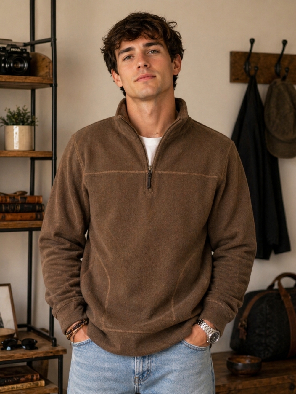 Stillwater Supply Co. Men's Brown Front Quarter Zip Sweater. Size Large